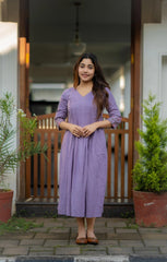 Women Purple Cotton Embroidery Middi Gown