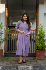Women Purple Cotton Embroidery Middi Gown