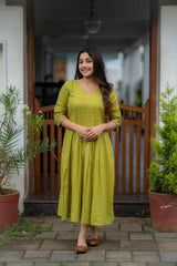 Women Green Cotton Embroidery Middi Gown