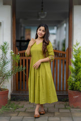 Women Green Cotton Embroidery Middi Gown