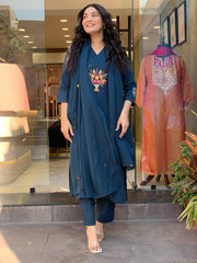 Women Royal Blue Cotton Embroidery Kurta Pant and Dupatta set