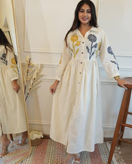 Women White Cotton Embroidery Middi Gown