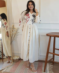 Women White Cotton Embroidery Middi Gown