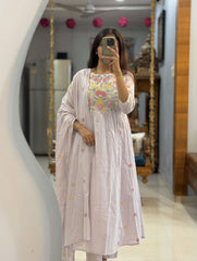 Women Baby Pink Cotton Embroidery Kurta Pant and Dupatta set