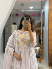Women Baby Pink Cotton Embroidery Kurta Pant and Dupatta set