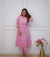 Women Pink Cotton Chikankari Angrakha Pattern Kurta Pant set