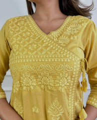 Women Yellow Cotton Chikankari Angrakha Pattern Kurta Pant set