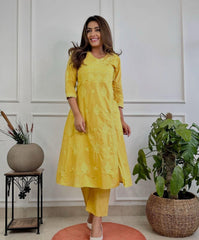 Women Yellow Cotton Chikankari Angrakha Pattern Kurta Pant set