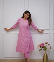Women Pink Cotton Chikankari Angrakha Pattern Kurta Pant set