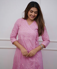 Women Pink Cotton Chikankari Angrakha Pattern Kurta Pant set
