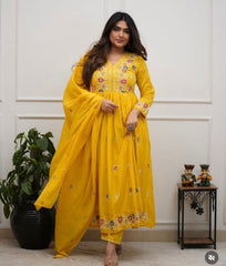 Women Yellow Cotton Embroidery Whispers Kurta Pant and Dupatta set
