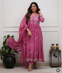 Women Pink Cotton Embroidery Whispers Kurta Pant and Dupatta set