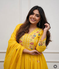 Women Yellow Cotton Embroidery Whispers Kurta Pant and Dupatta set