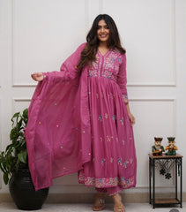 Women Pink Cotton Embroidery Whispers Kurta Pant and Dupatta set