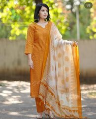Women Mustard Chikankari Cotton Schiffli Embroidery Kurta Pant and Dupatta set