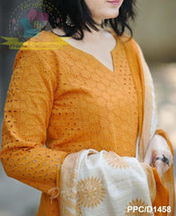 Women Mustard Chikankari Cotton Schiffli Embroidery Kurta Pant and Dupatta set