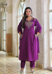 Women Purple Cotton Jaipuri Embroidery Kurta Pant and Dupatta set