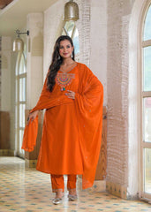 Women Orange Cotton Jaipuri Embroidery Kurta Pant and Dupatta set