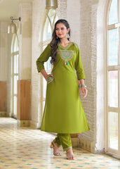 Women Green Cotton Jaipuri Embroidery Kurta Pant and Dupatta set