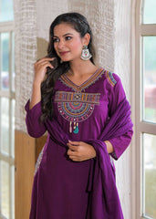 Women Purple Cotton Jaipuri Embroidery Kurta Pant and Dupatta set