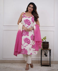 Women White Cotton Pink Flowers Kurta Pant and Dupatta set