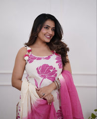 Women White Cotton Pink Flowers Kurta Pant and Dupatta set