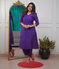 Women Purple Cotton Chikankari Style Angrakha Kurta Pant set
