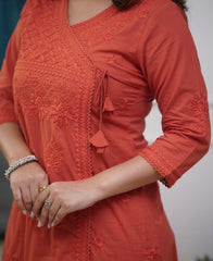 Women Terracotta Cotton Chikankari Style Angrakha Kurta Pant set