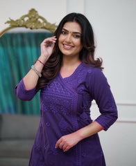 Women Purple Cotton Chikankari Style Angrakha Kurta Pant set
