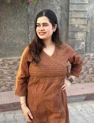 Women Brown Cotton Chikankari Style Angrakha Kurta Pant set