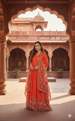 Women Orange Chiffon Floral Kurta Pant and Dupatta set