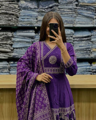 Women Purple Cotton New Year Bash Embroidery Kurta Pant and Dupatta set