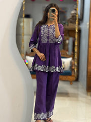 Women Purple Cotton Embroidery Ensemble Co-Ord set