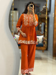 Women Orange Cotton Embroidery Ensemble Co-Ord set