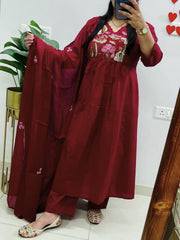 Women Red Cotton Embroidery Yoke Kurta Pant and Dupatta set