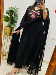 Women Black Cotton Embroidery Yoke Kurta Pant and Dupatta set