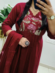 Women Red Cotton Embroidery Yoke Kurta Pant and Dupatta set