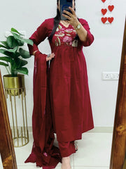 Women Red Cotton Embroidery Yoke Kurta Pant and Dupatta set