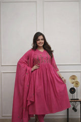 Women Pink Cotton Embellished Kurta ant and Dupatta set