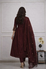 Women Maroon Cotton Embellished Kurta Pant and Dupatta set