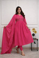 Women Pink Cotton Embellished Kurta ant and Dupatta set