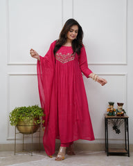 Women Pink Cotton KS Embroidery Kurta Pant and Dupatta set