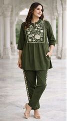 Women Green Cotton Embroidery Wardrobe Enlight Co-Ord set