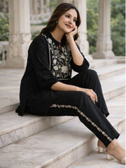 Women Black Cotton Embroidery Wardrobe Enlight Co-Ord set