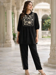 Women Black Cotton Embroidery Wardrobe Enlight Co-Ord set