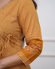 Women Mustard Cotton Angrakha Zigzag Kurta Pant and Dupatta set