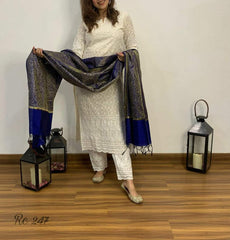 Women Chikankari Cotton Kurta Pant and Blue Banarsi Dupatta set