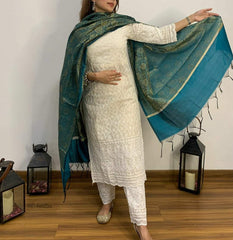 Women Chikankari Cotton Kurta Pant and Green Banarsi Dupatta set