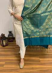 Women Chikankari Cotton Kurta Pant and Green Banarsi Dupatta set