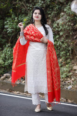 Women Chikankari Cotton Kurta Pant and Red Banarsi Dupatta set